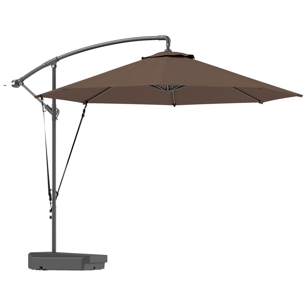 Brown patio umbrella with a curved arm on a white background