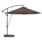 Brown patio umbrella with a curved arm on a white background