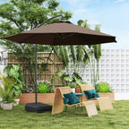 Brown patio umbrella over a garden setting with chairs and plants