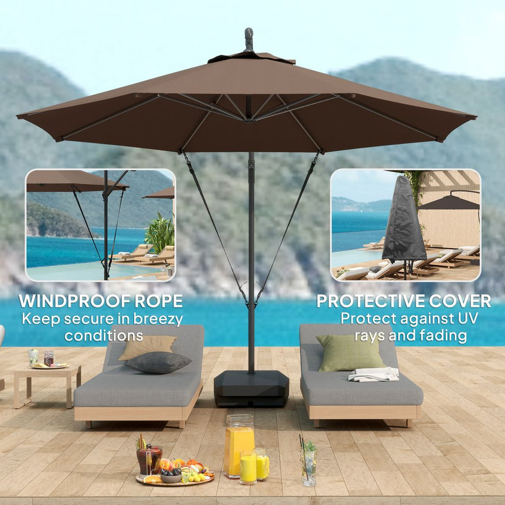 Brown patio umbrella with windproof rope and protective cover on a patio setting with lounge chairs and a table.
