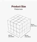 Measurement chart of a cube-shaped product with dimensions labeled.