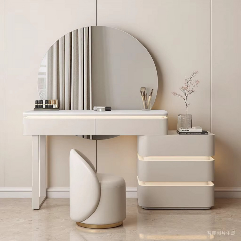 Modern vanity table with round mirror and chair in a minimalistic room.
