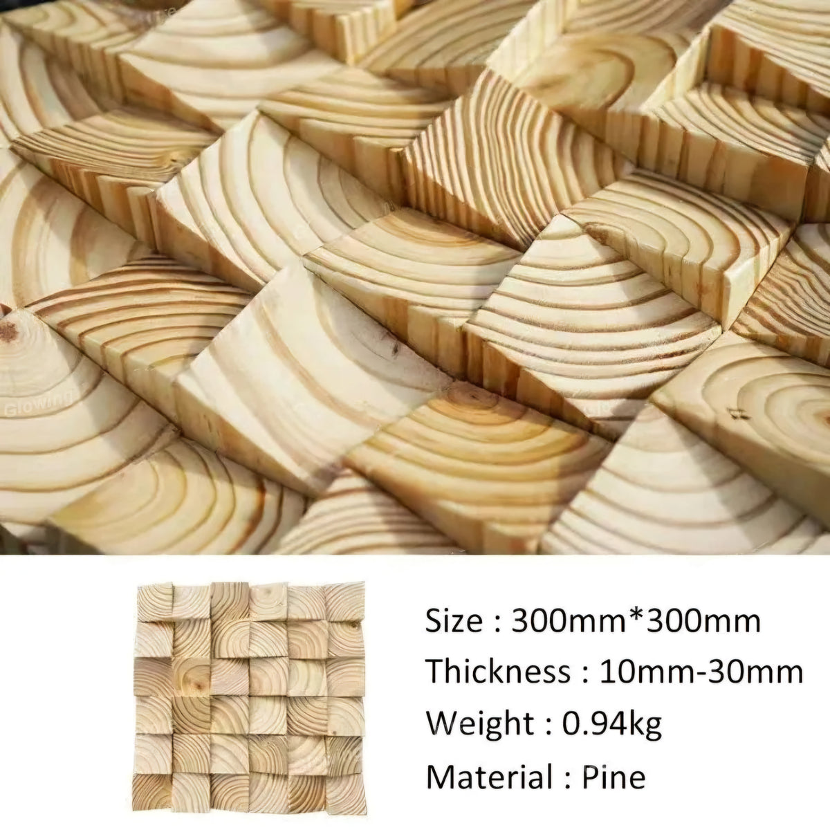 Pile of wooden blocks with size, thickness, weight, and material information displayed.