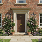 Brick house with a brown door and floral decorations