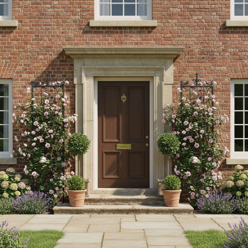 Brick house with a brown door and floral decorations