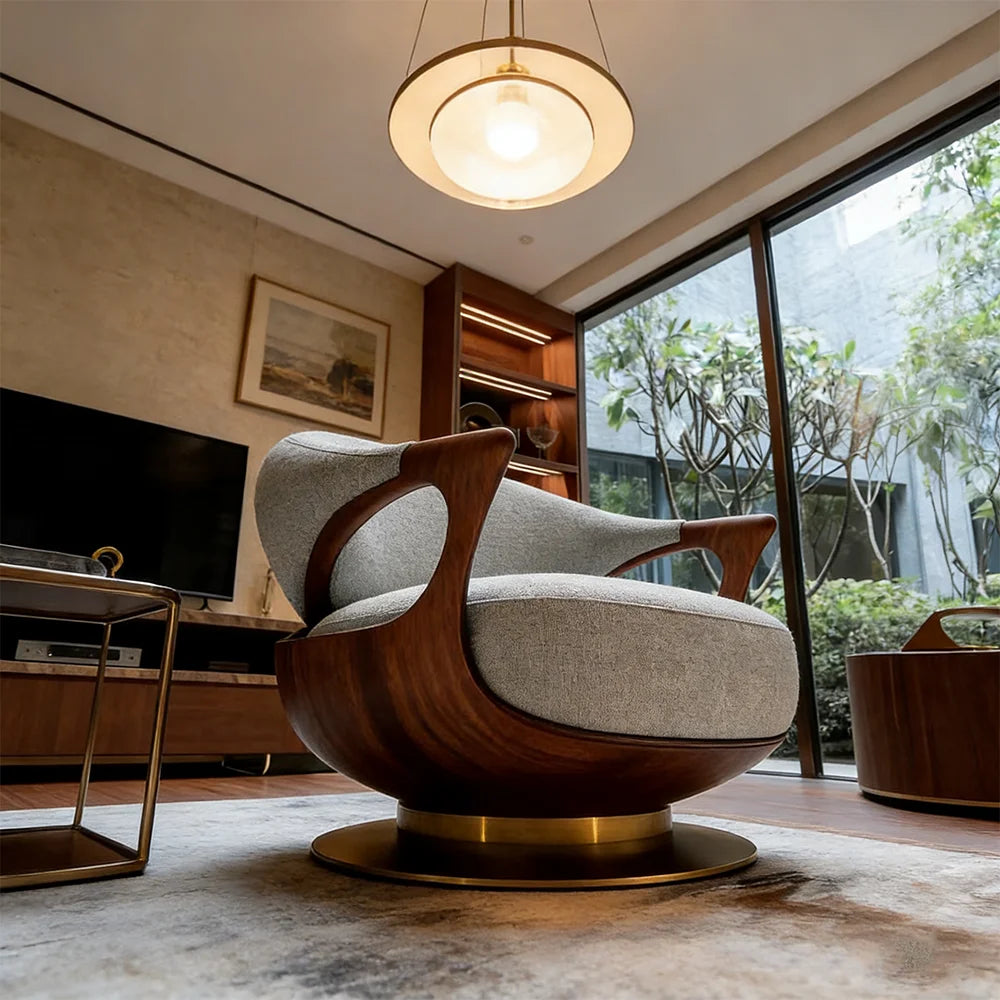 Modern living room with a wooden armchair and large windows.