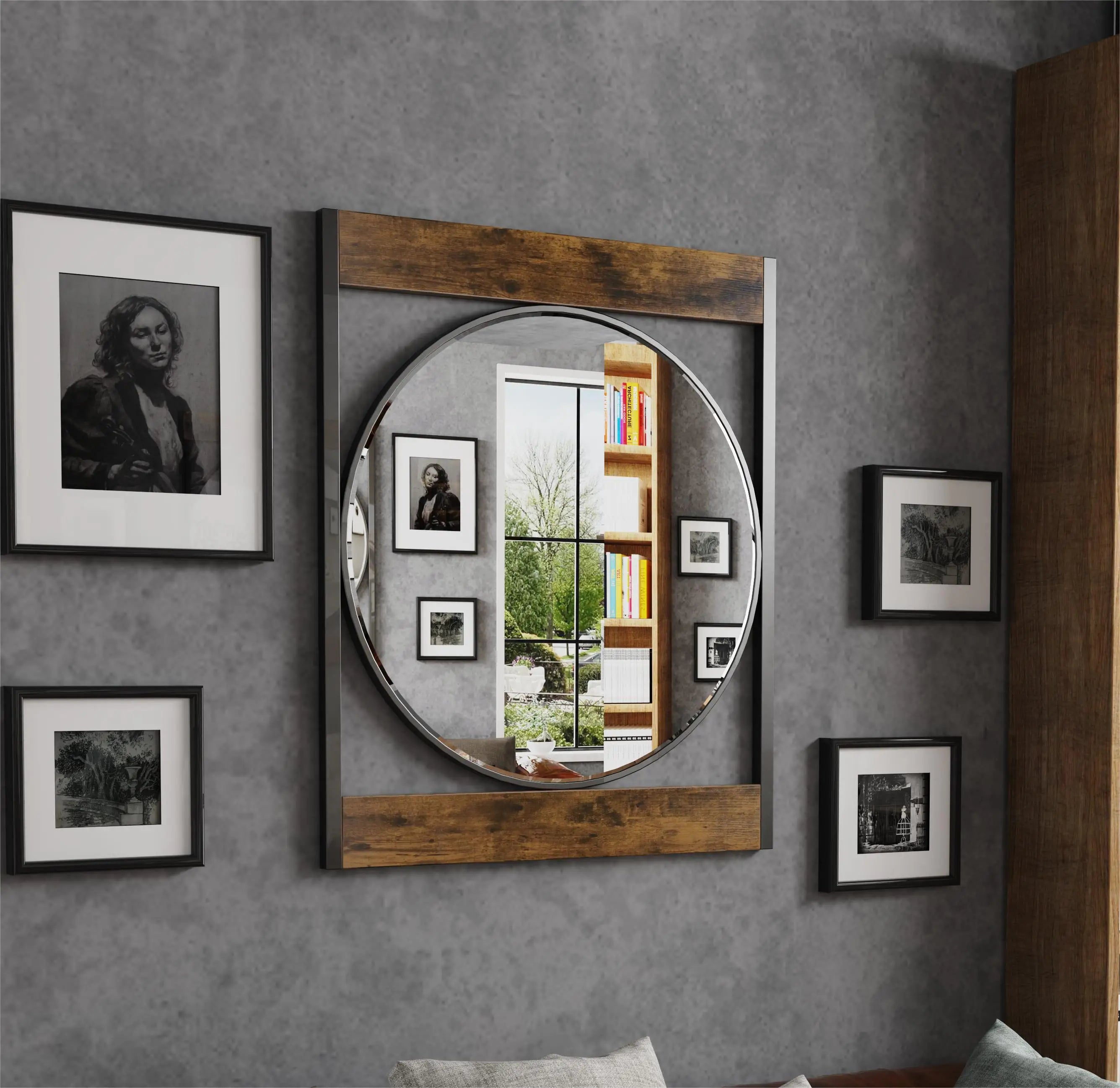 63x76CM Industrial Metal Wood Frame Wall Mounted Mirror Bathroom Living Room Decorative Mirror