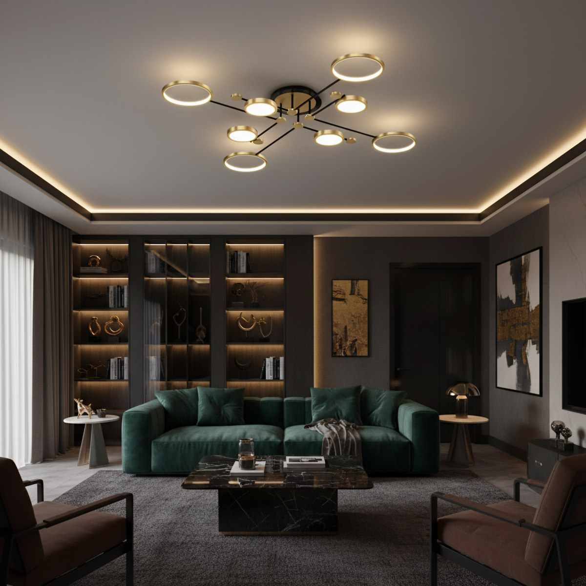 A modern living room featuring a multi-light circular chandelier with a black metal frame and warm gold-toned glass shades, mounted on a dark ceiling. The room is styled with a deep green velvet sofa, a black marble coffee table, and dark wood shelving with warm ambient lighting.