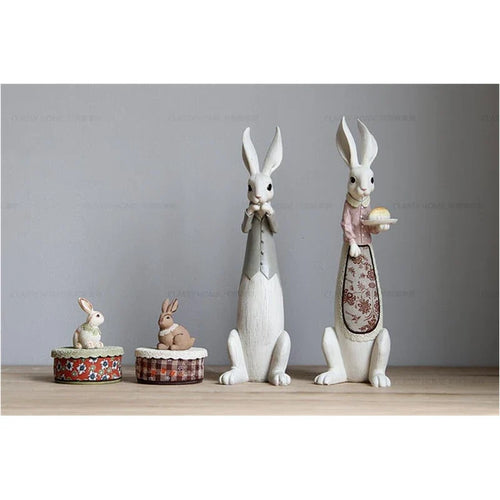 Country Rabbit Couple Ornaments – Hand-Painted Resin Figures