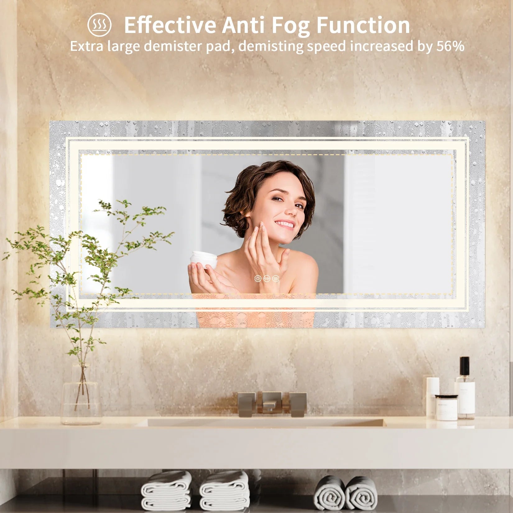 Bathroom setting with a large mirror featuring an anti-fog function, displaying a woman applying cream.