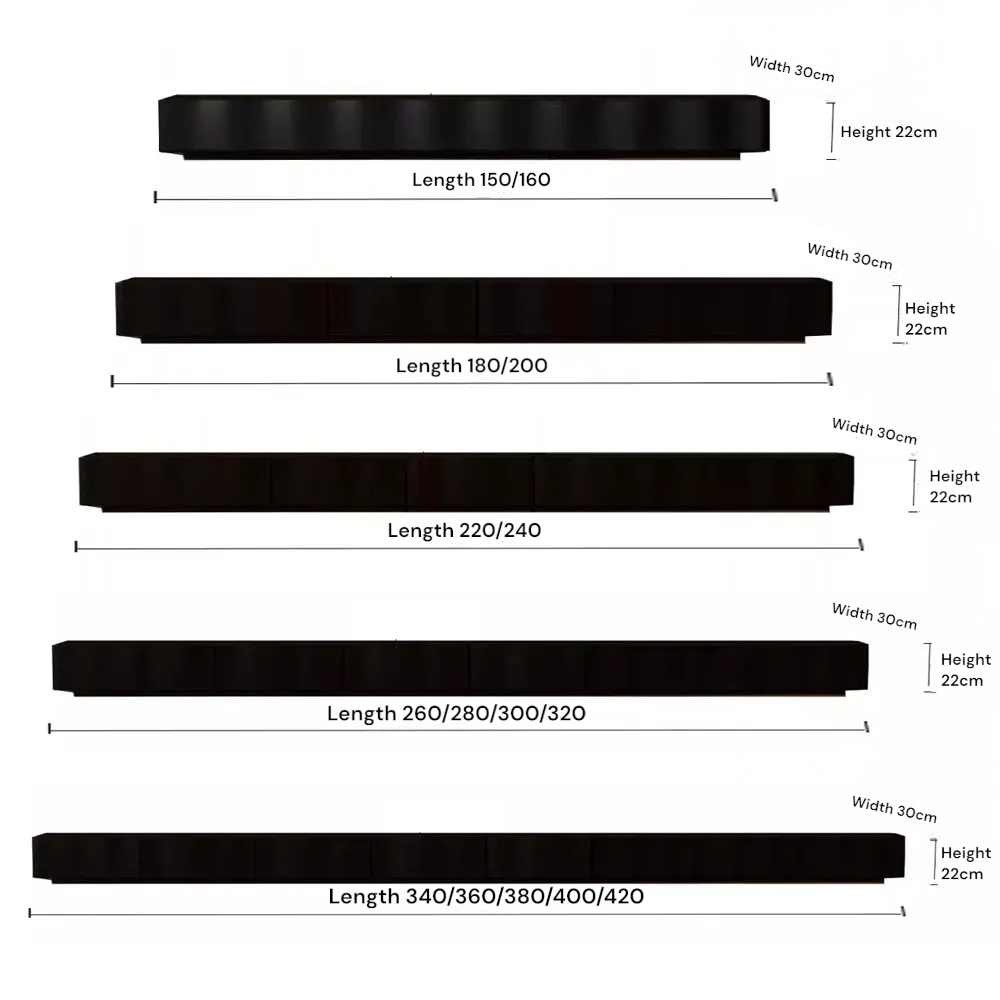 Measurement chart of black straps with varying lengths and widths on a white background