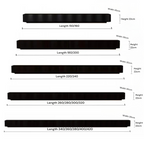Measurement chart of black straps with varying lengths and widths on a white background