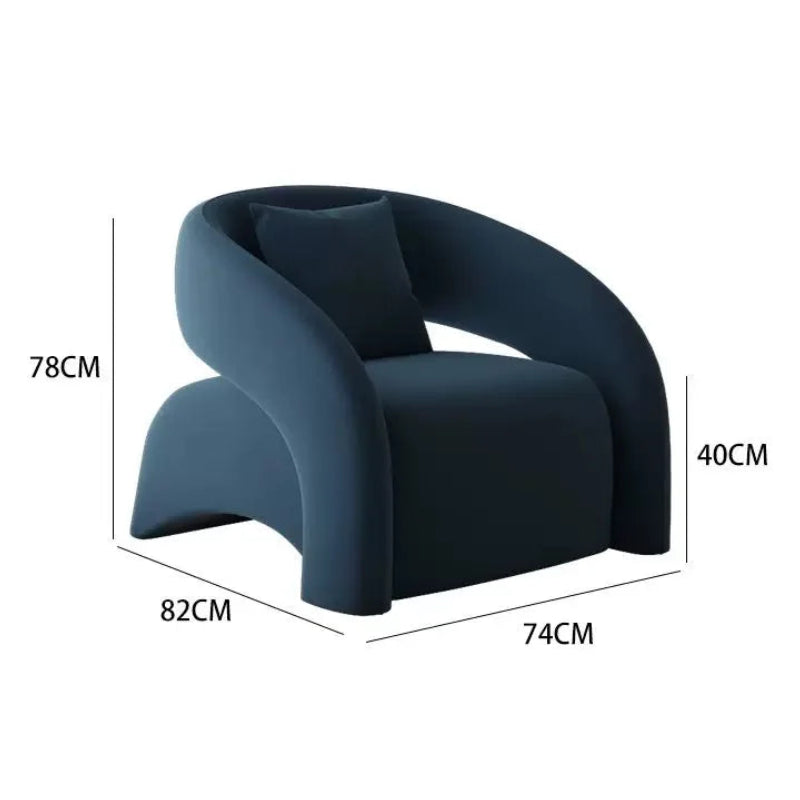 Blue armchair with dimensions labeled on a white background