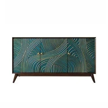 Decorative cabinet with a green and gold abstract design on a white background