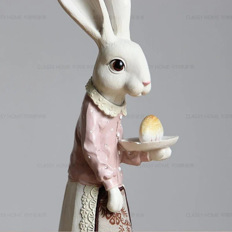 Country Rabbit Couple Ornaments – Hand-Painted Resin Figures