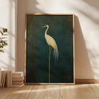 Japanese Crane Canvas Print – Elegant Green & White Bird Wall Art