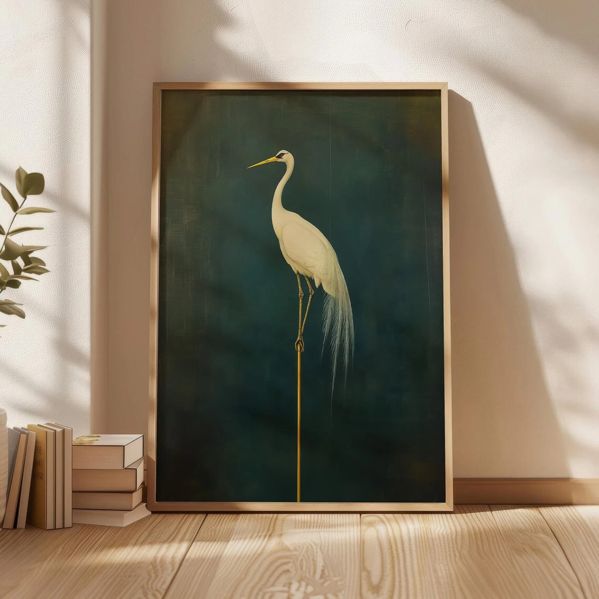 Japanese Crane Canvas Print – Elegant Green & White Bird Wall Art