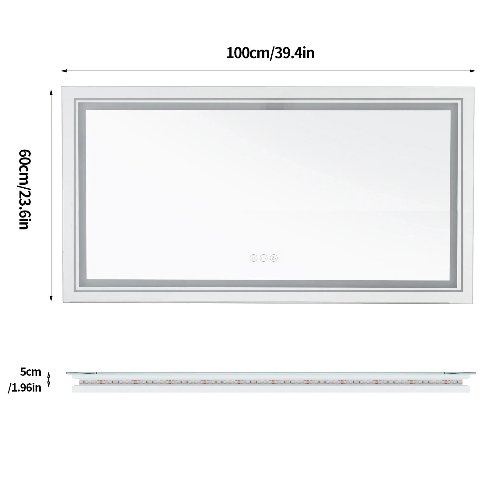 Measurement chart of a rectangular Mirror object with dimensions labeled.