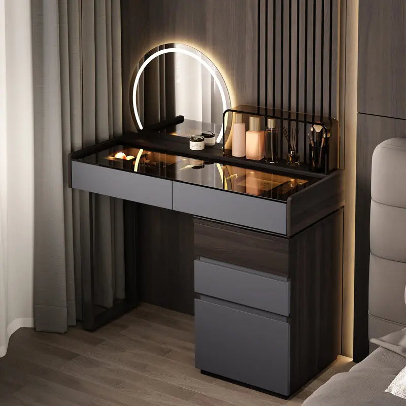 Nordic Glass Top Makeup Vanity Table – Minimalist Dressing Table with Storage Drawers