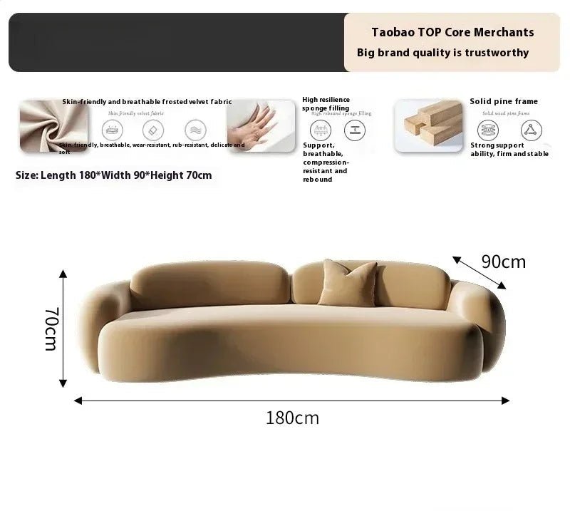 Beige sofa with dimensions labeled on a white background