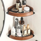 Wooden triangular shelf in a bathroom with various bottles and containers.