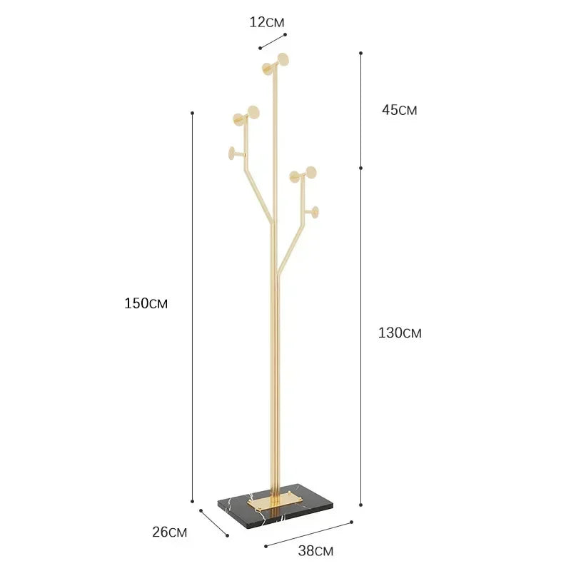 Gold coat rack with dimensions labeled on a white background