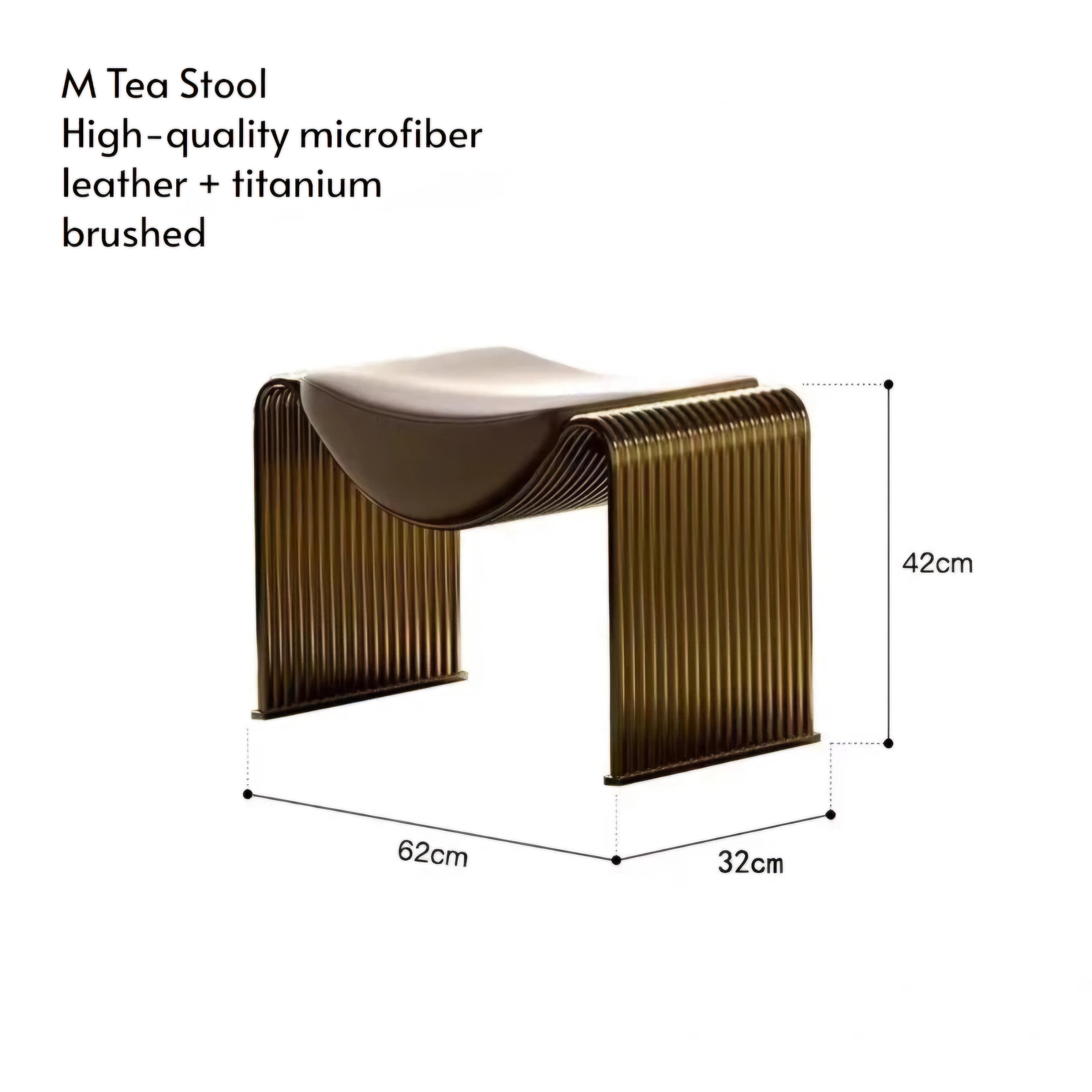 M Tea Stool dimension diagram showing a modern curved stool with a ribbed metallic bronze frame and a light beige seat, labeled with measurements of 62cm, 32cm, and 42cm, with text describing the materials.