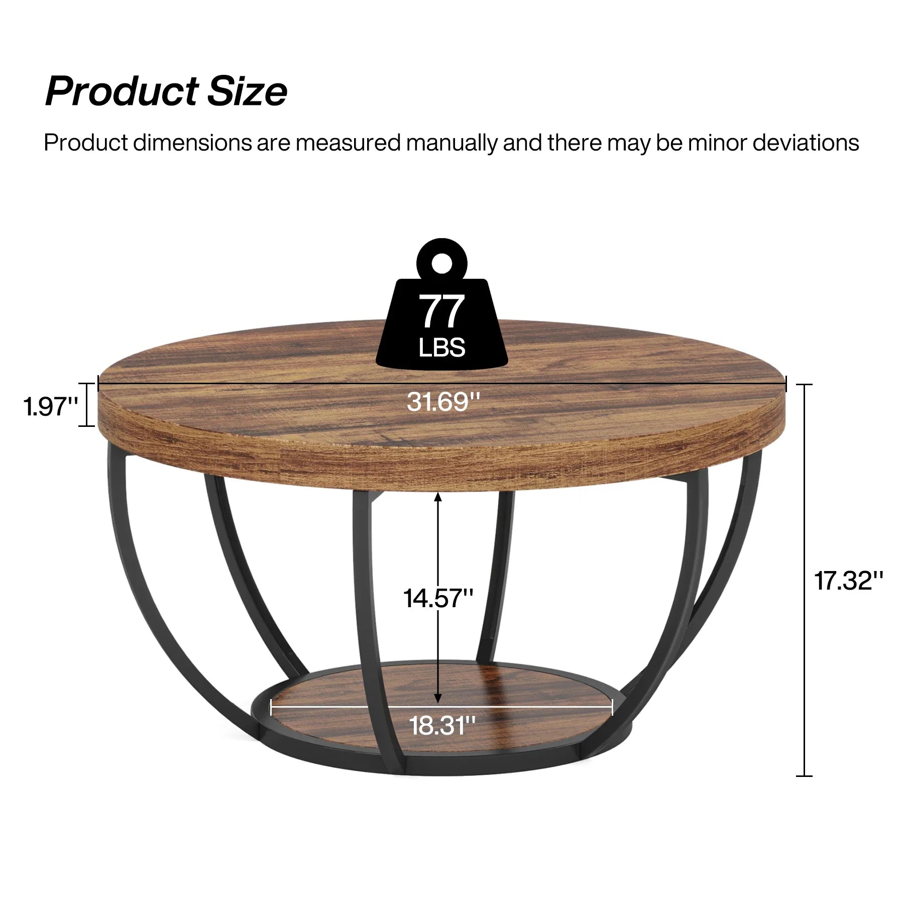 Wooden coffee table with measurements and weight displayed