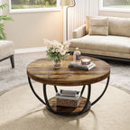 Round wooden coffee table in a living room with decor items on top