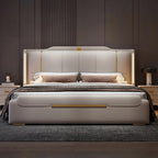 Luxury King Size Leather Storage Bed – Modern Solid Wood Frame