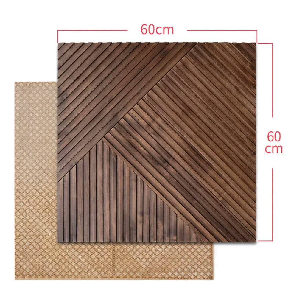Wooden floor tile with a geometric pattern and dimensions indicated.