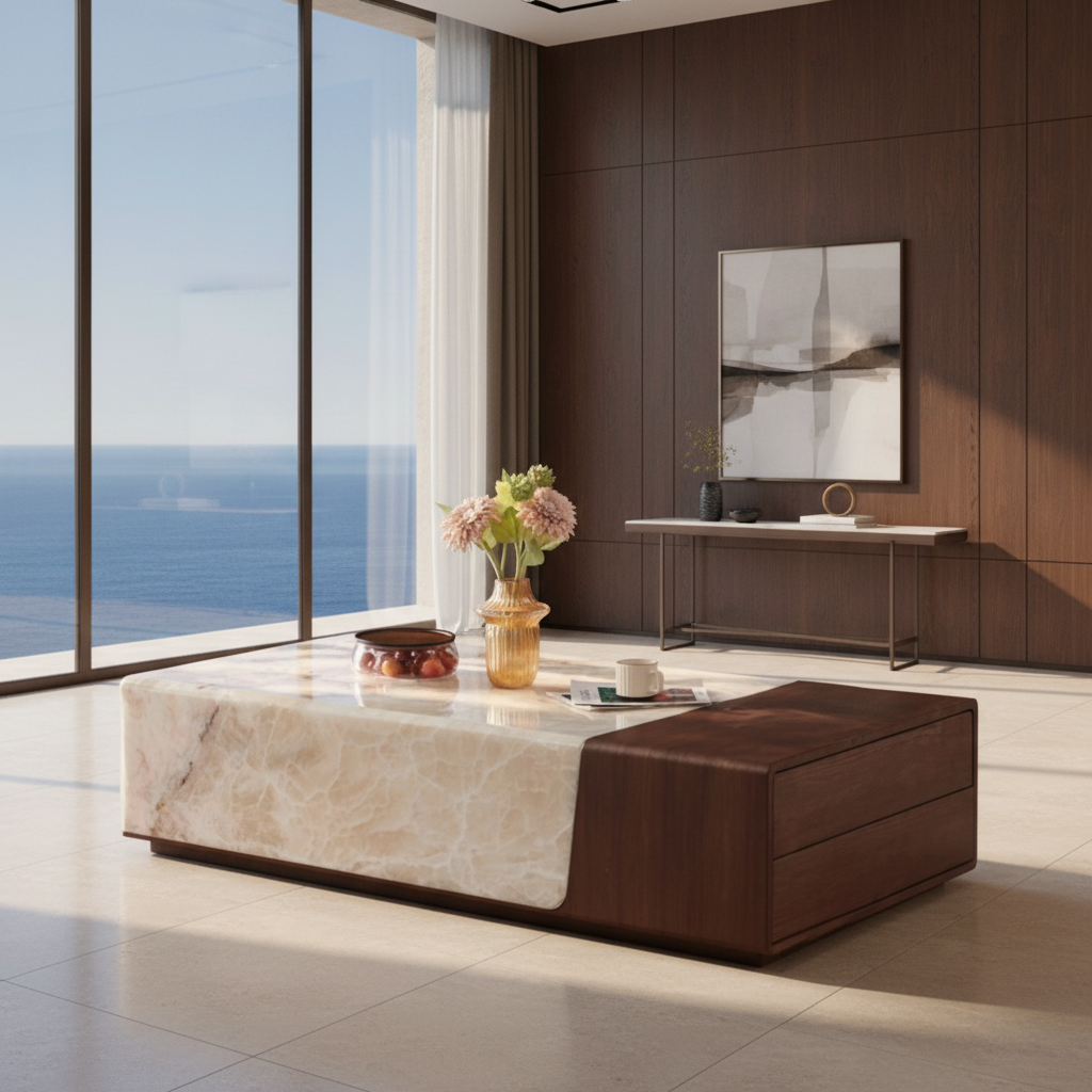 Coffee table with marble and wood design on a white background