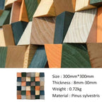 Color swatch of wooden blocks with size, thickness, weight, and material information.
