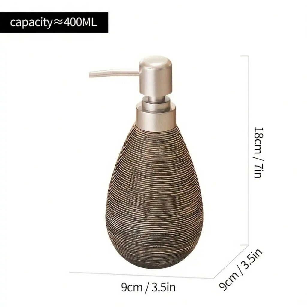 Decorative soap dispenser with measurements on a white background