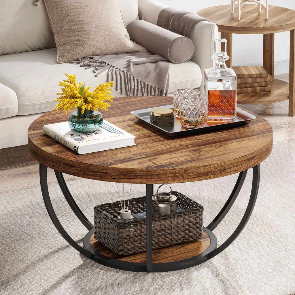 Wooden coffee table with decorative items in a living room setting