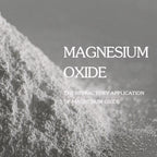 Magnesium oxide powder with text overlay on a gray background