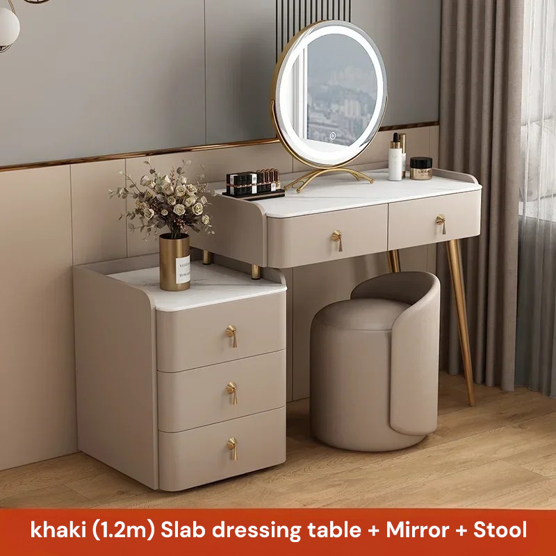Khaki dressing table with mirror and stool in a room setting