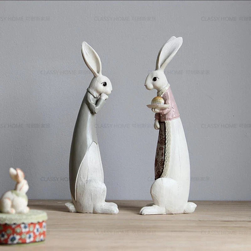 Country Rabbit Couple Ornaments – Hand-Painted Resin Figures