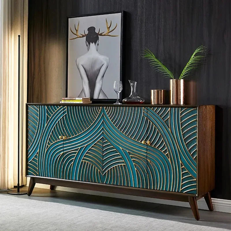 Decorative cabinet with teal and gold pattern in a room setting