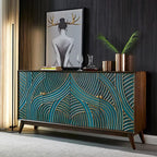 Decorative cabinet with teal and gold pattern in a room setting
