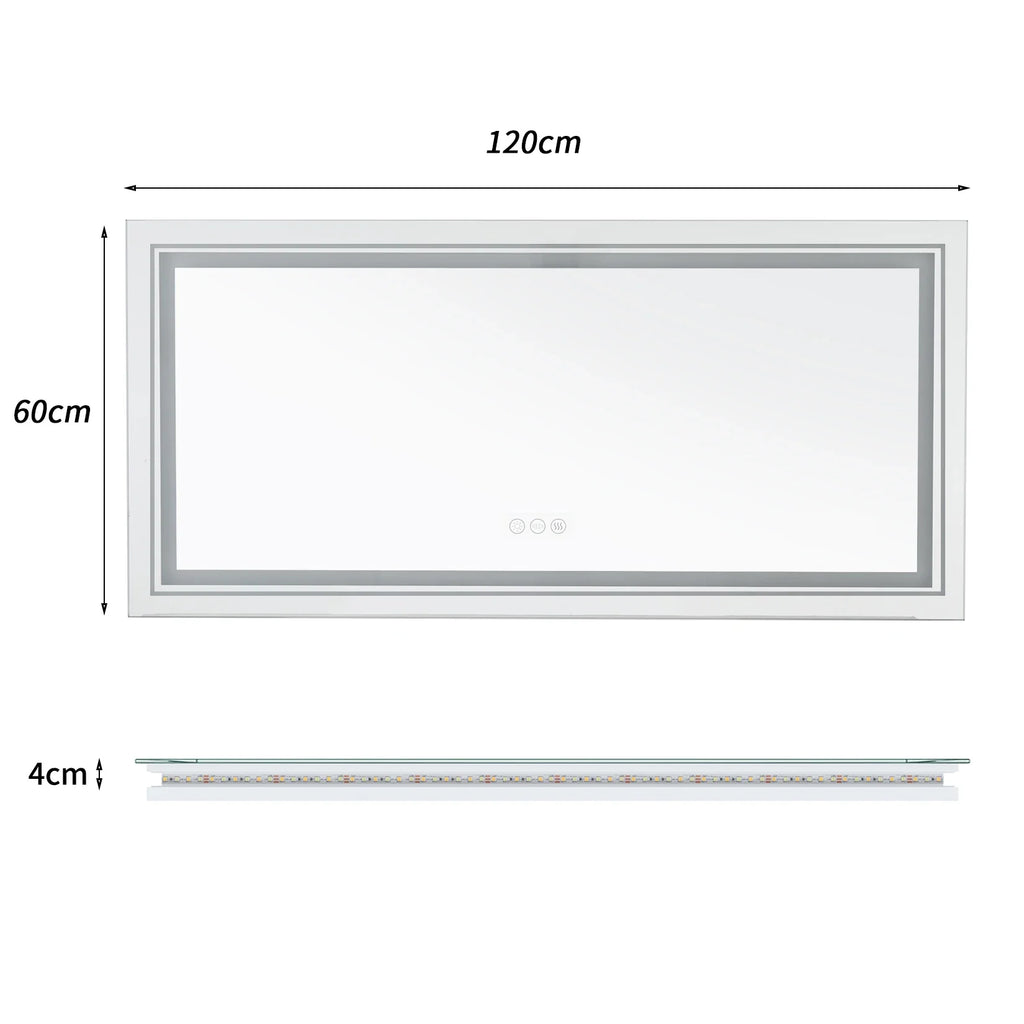 Measurement chart of a rectangular Mirror object with dimensions 120cm x 60cm x 4cm on a white background.