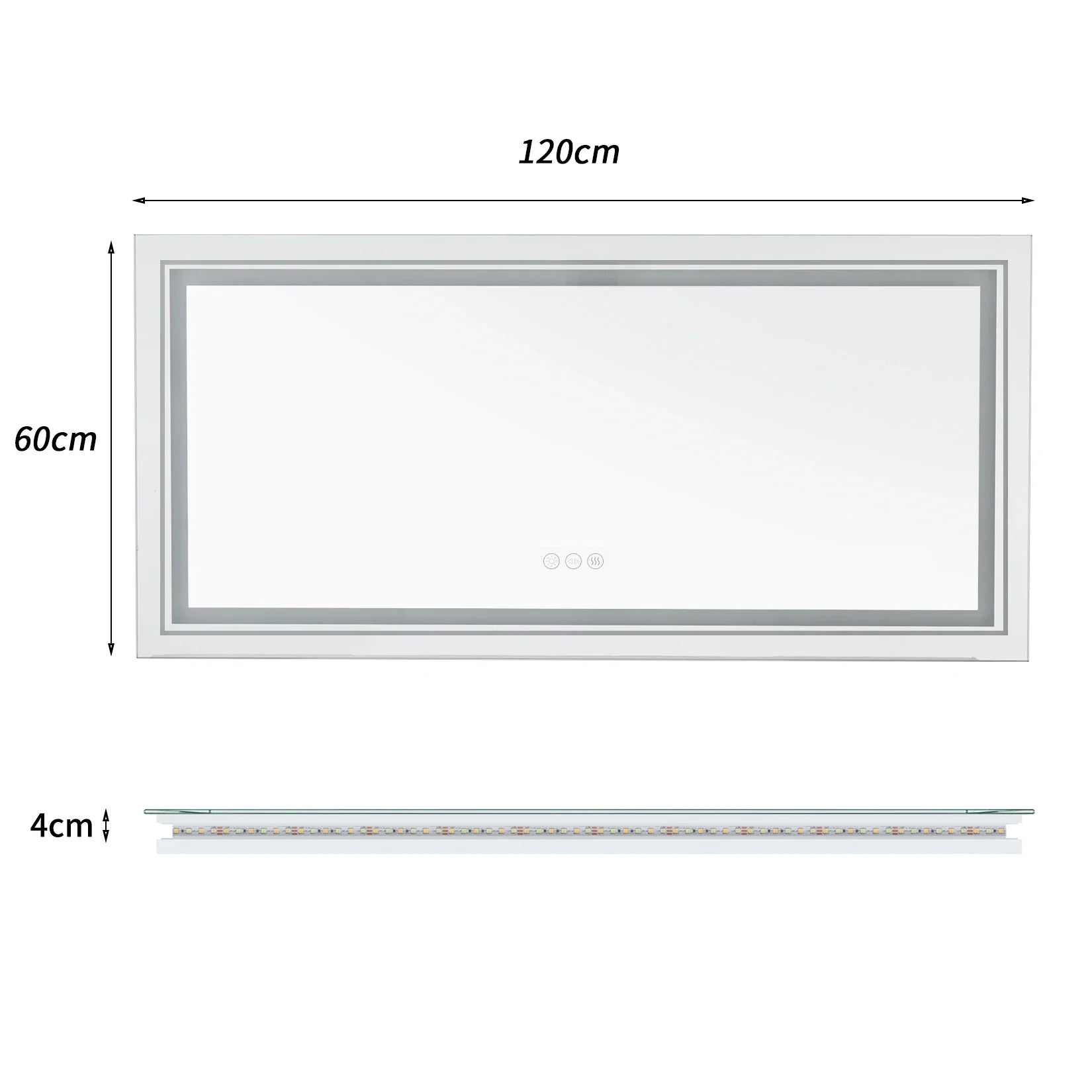 Measurement chart of a rectangular Mirror object with dimensions 120cm x 60cm x 4cm on a white background.