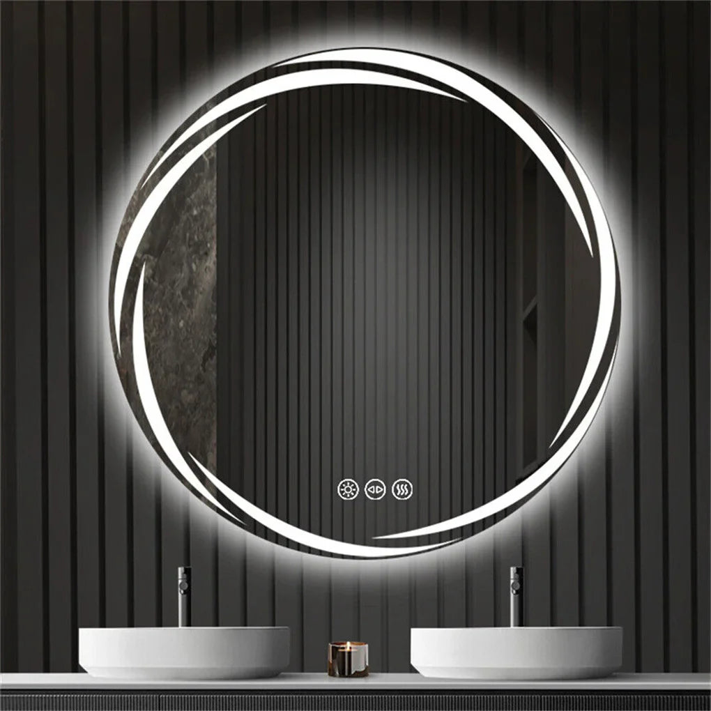 Anti-fog LED Bathroom Mirror Circle Backlit HD Wall Mounted Vanity Mirror Shatterproof 3 Colors Lights Adjust