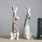 Country Rabbit Couple Ornaments – Hand-Painted Resin Figures
