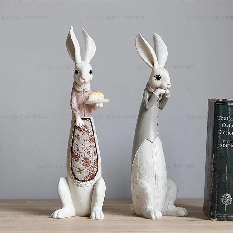Country Rabbit Couple Ornaments – Hand-Painted Resin Figures