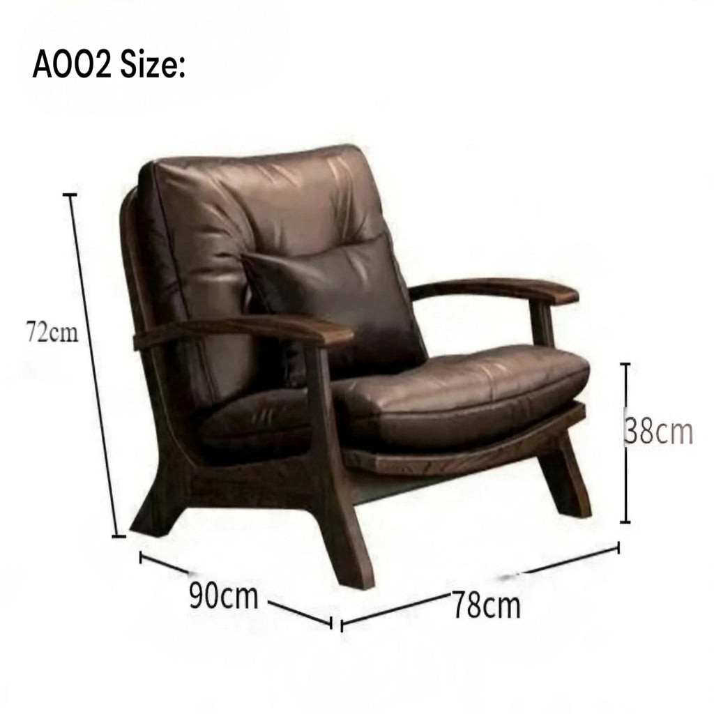 Brown leather armchair with wooden arms and legs, shown with dimension lines and labels indicating height, width, and depth measurements on a white background.