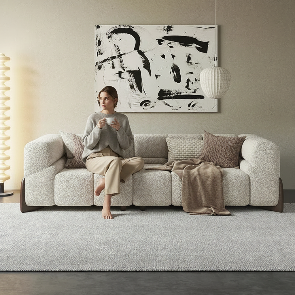 A woman sits barefoot on a cream boucle sofa in a modern living room, holding a white mug. The room features a large abstract black and white painting on the wall, a white hanging pendant light, a textured light gray rug, and a neutral throw blanket draped over the sofa.