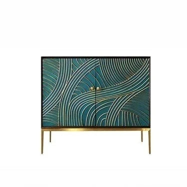 Decorative cabinet with teal and gold design on a white background
