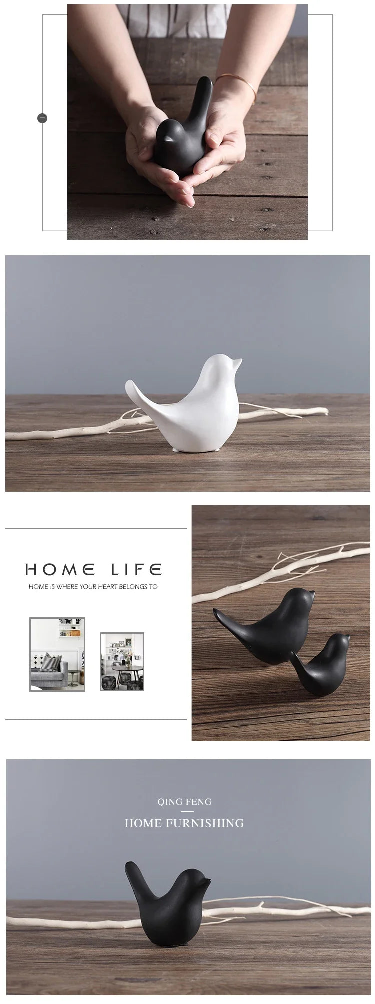Nordic Ceramic Bird Figurine – Black or White Modern Sculptural Ornament