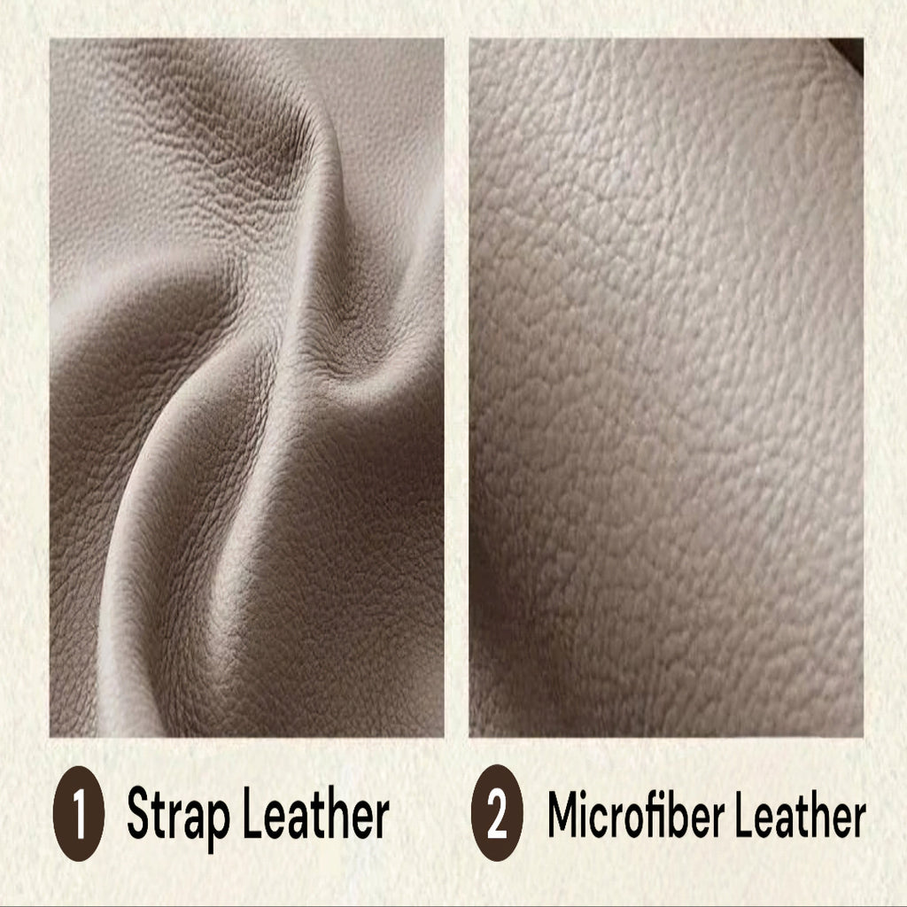 Design concept graphic showing two types of brown textured leather: 1. Strap Leather with wavy folds, and 2.